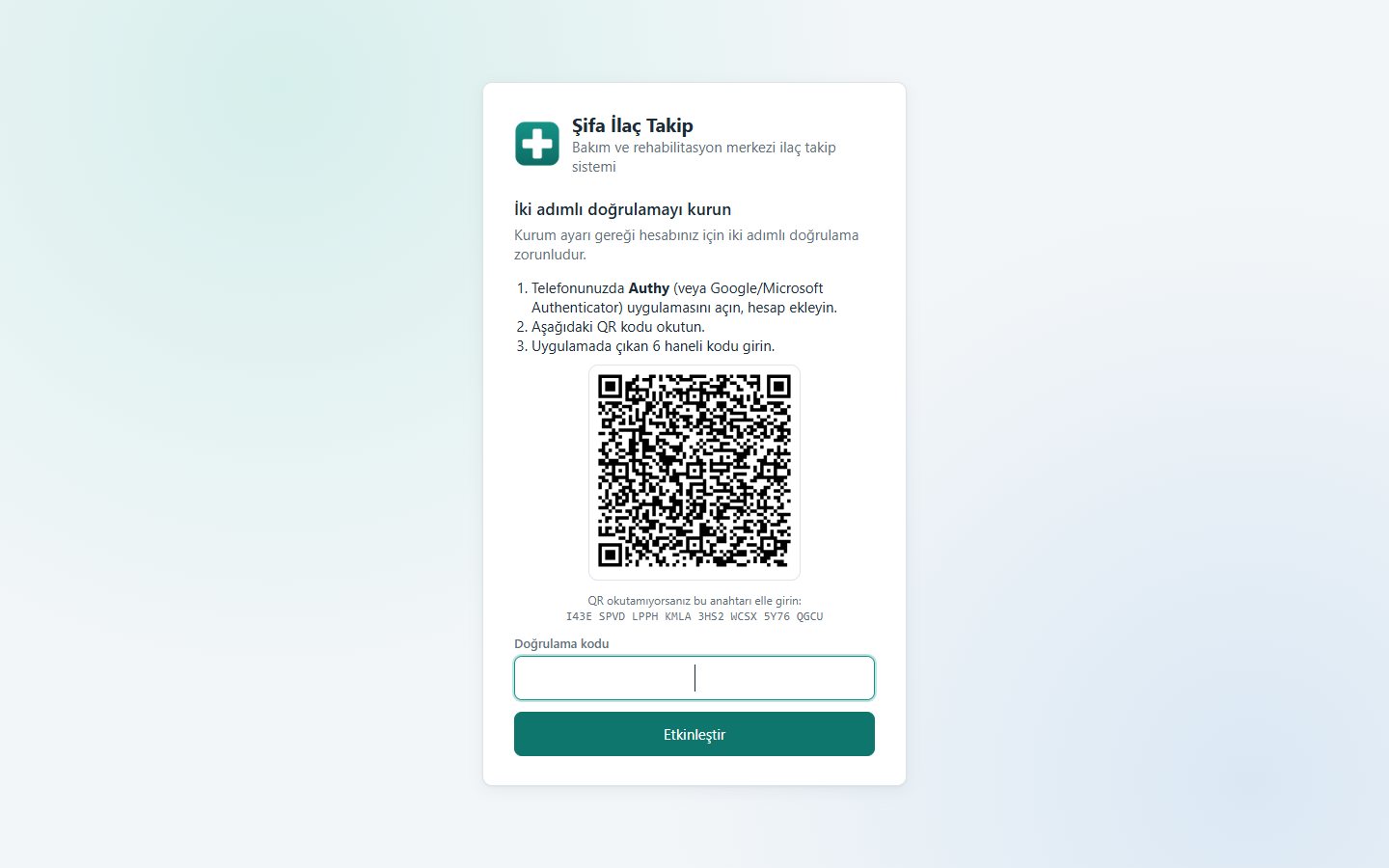 İki adımlı doğrulama kurulum ekranı: Authy ile okutulacak QR kod